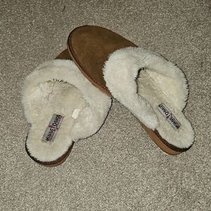 Minnetonka Brown Suede Slippers with Cream Faux Shearling Lining